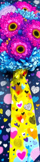 Free colorful bookmark featuring a pink bouquet with a yellow ribbon